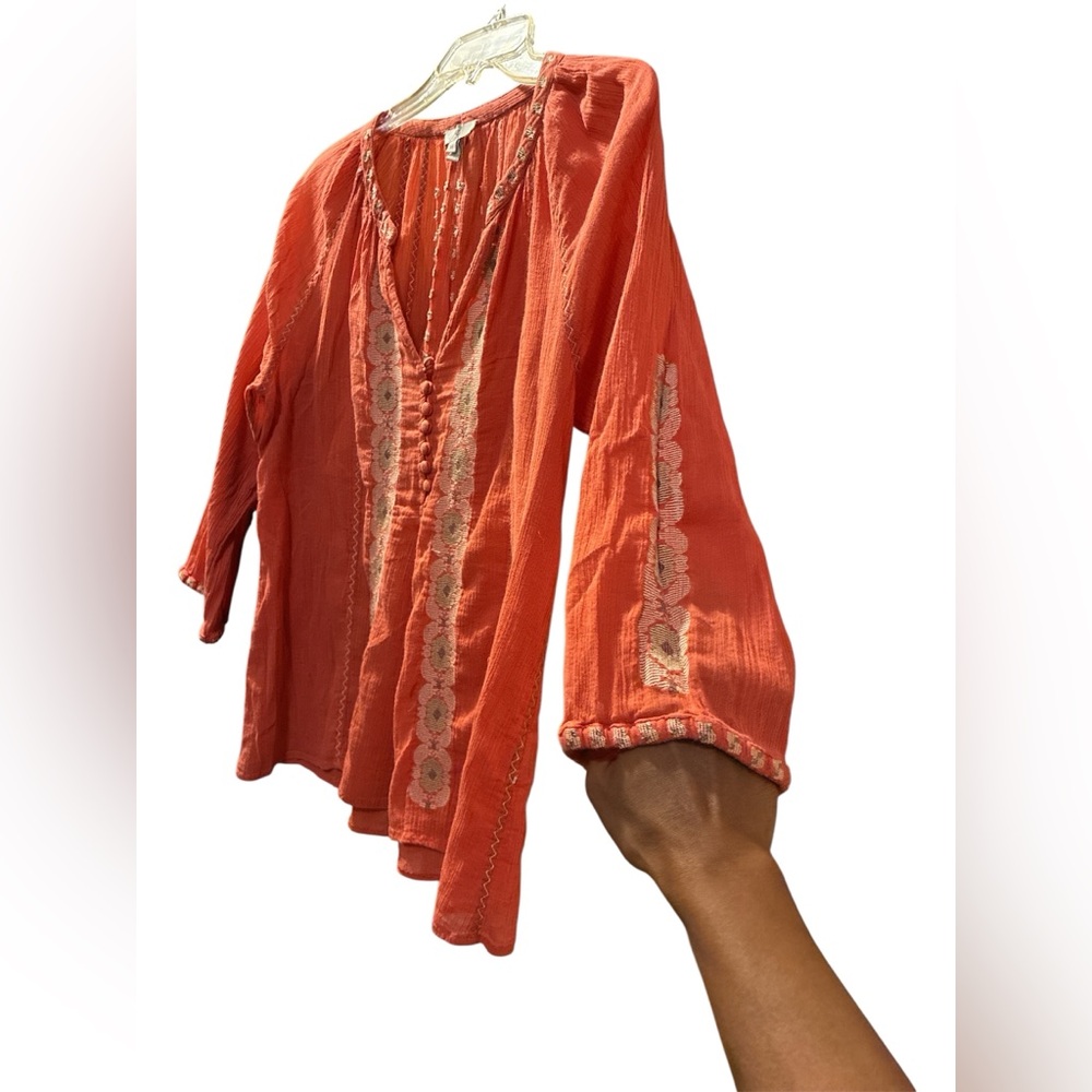 Joie Terracotta Embroidered 100% Cotton Long Sleeve Blouse. Size Medium. - Picture 4 of 13